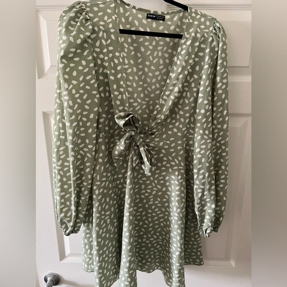 Green and white polka dotted, long sleeve, flowy dress